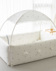 LOLBaby Cotton Embroidery Bumper Bed with Hanging Toy and Canopy - Cloud White