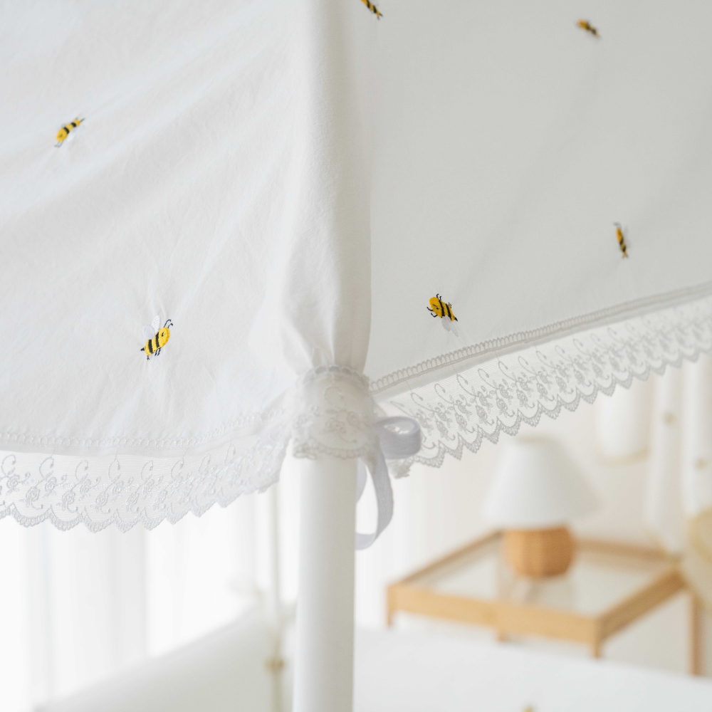 LOLBaby Cotton Embroidery Bumper Bed with Hanging Toy and Canopy - Honey Bee