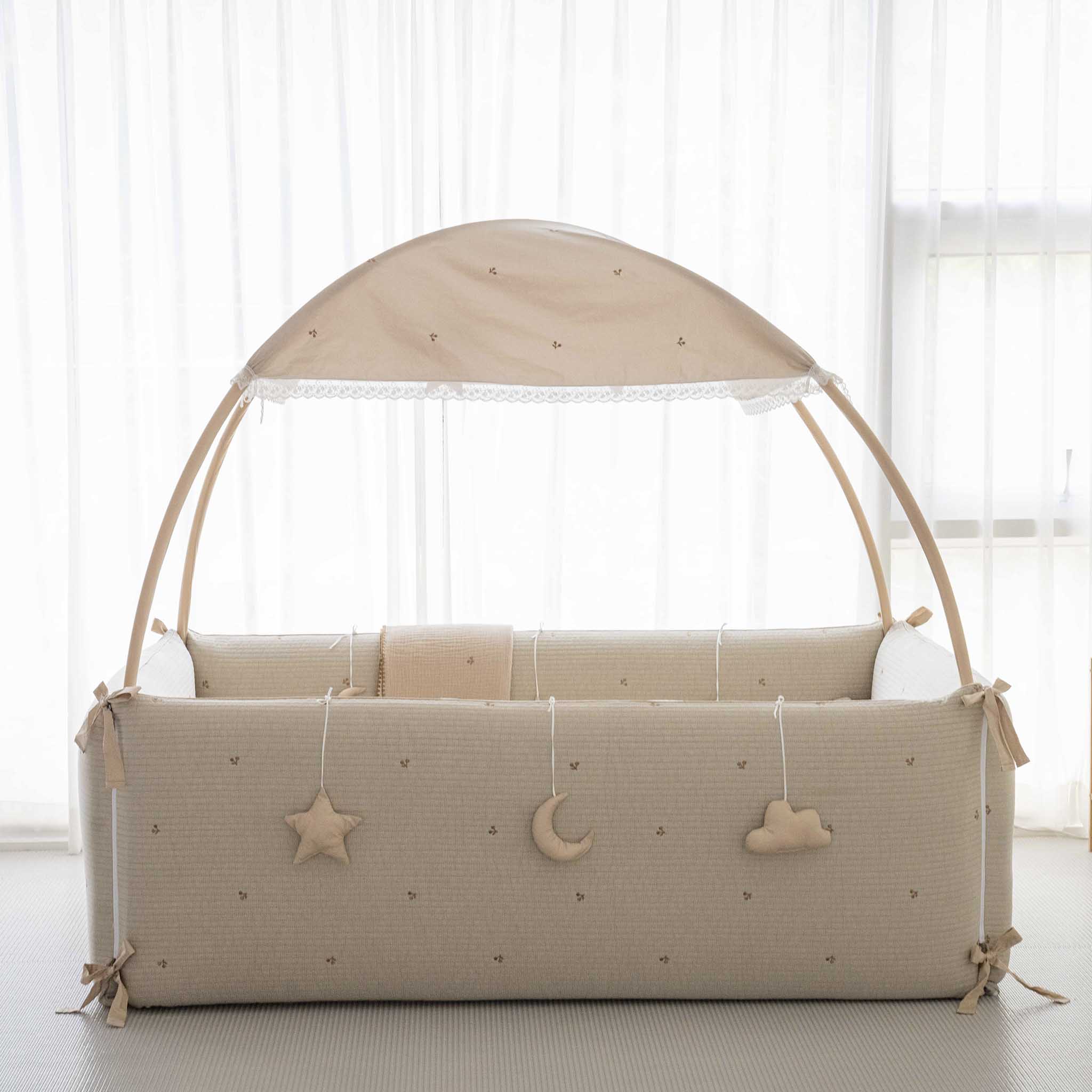LOLBaby Cotton Embroidery Bumper Bed with Hanging Toy and Canopy - Cherry Beige
