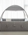 LOLBaby Cotton Embroidery Bumper Bed with Hanging Toy and Canopy - Moon Star Grey