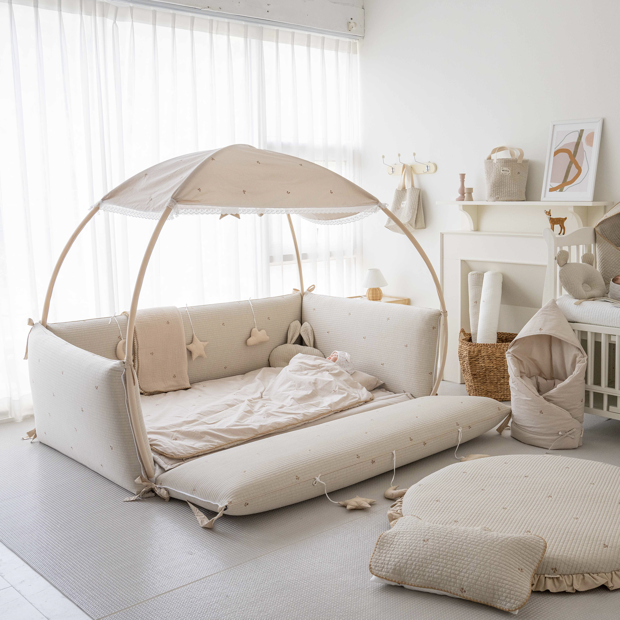 LOLBaby Cotton Embroidery Bumper Bed with Hanging Toy and Canopy - Cherry Beige