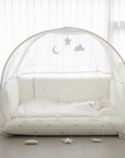 LOLBaby Cotton Embroidery Bumper Bed with Hanging Toy and Canopy - Cloud White