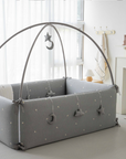 LOLBaby Cotton Embroidery Bumper Bed with Hanging Toy and Canopy - Moon Star Grey