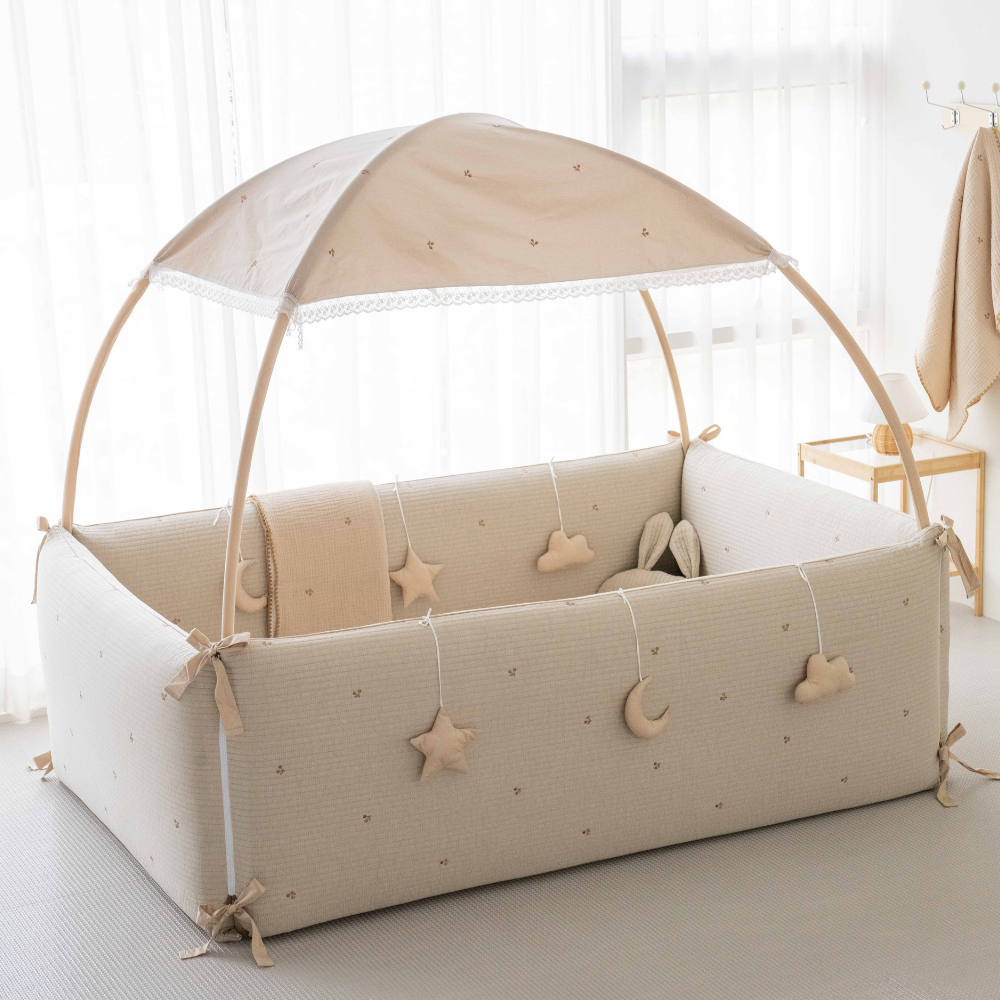 LOLBaby Cotton Embroidery Bumper Bed with Hanging Toy and Canopy - Cherry Beige