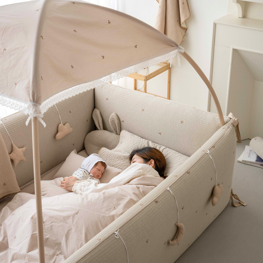 LOLBaby Cotton Embroidery Bumper Bed with Hanging Toy and Canopy Cherry Beige